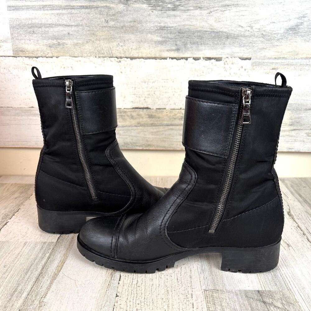 Prada 10 Black Leather Biker Moto Boots Mid Calf Buckle Zip Designer Luxe - Picture 2 of 11